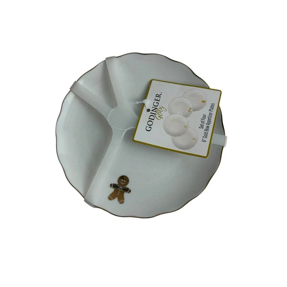 Godinger 6 Inch Holiday Christmas Gold Rim Appetizer Dessert Plates Set Of 4 NEW
